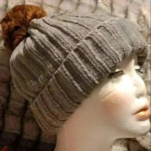Silvery Gray Chenille Beanie w/ Brown  topper